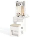 Small Vanity Desk with Mirror and Lights, Makeup Vanity Table with Charging Station, Drawers, Shelves, Foldable Side Table
