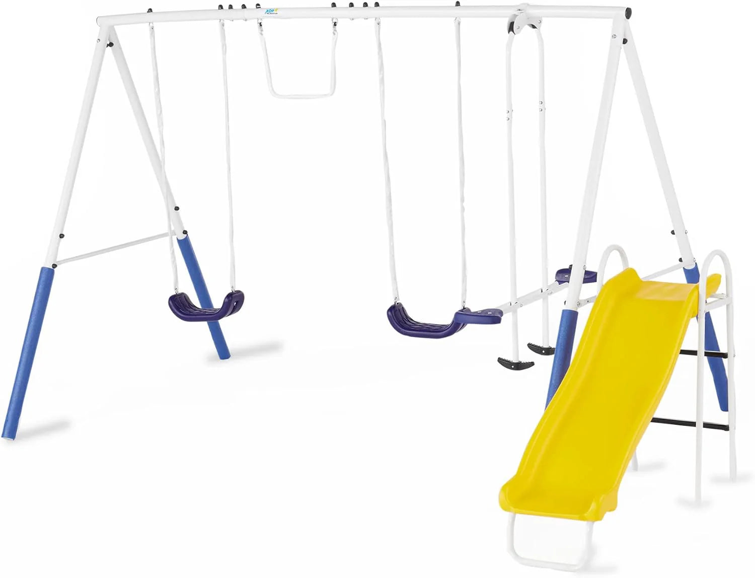 Recreation Blue Ridge Backyard Playground Set Sturdy Metal A Frame Swing with Chain Covers, Glider, Trapeze, 2 Swings, and
