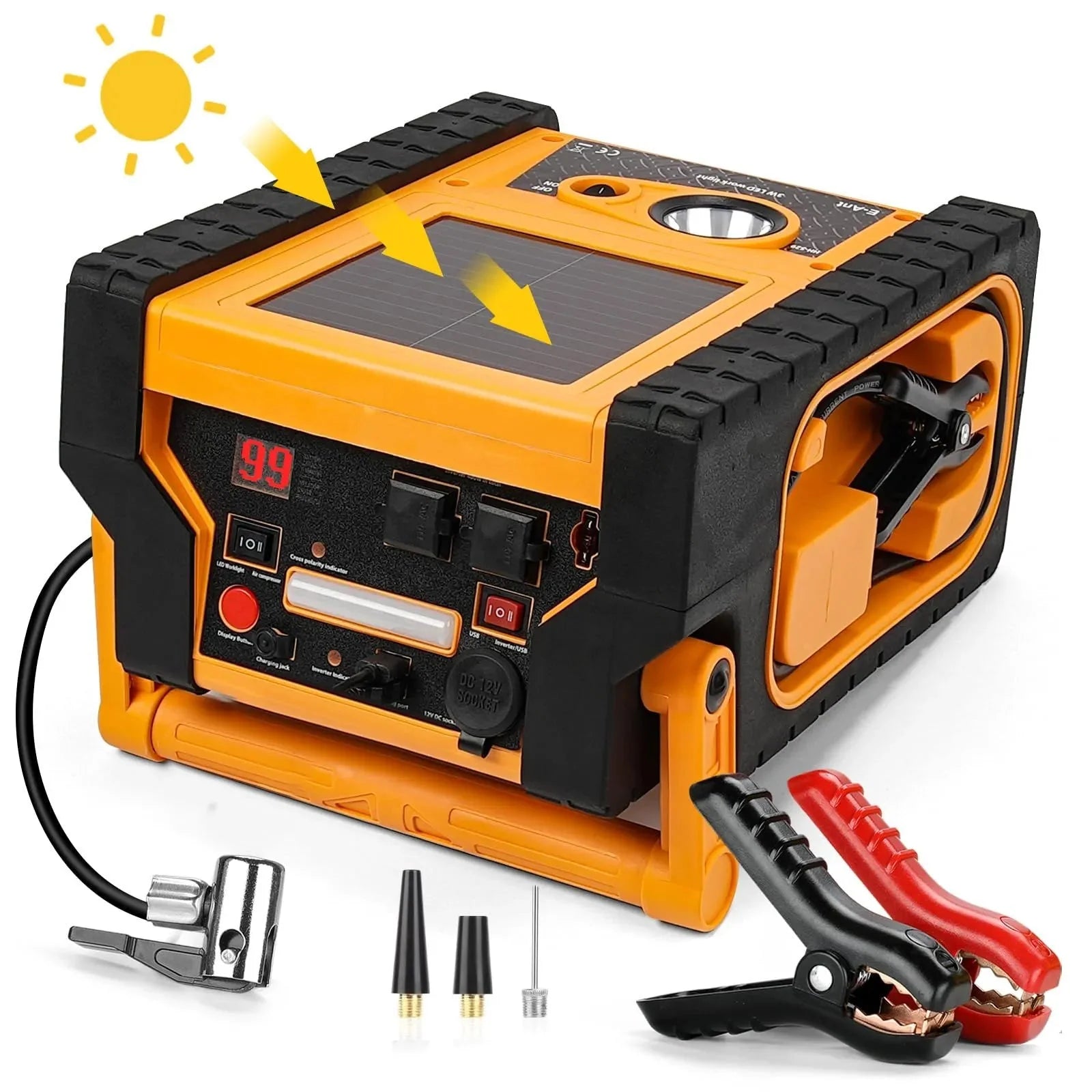 2000A Car Jump Starter with Air Compressor, 5W Solar Panel Portable Power Station, Tire Inflator 260PSI, Car Battery Charger