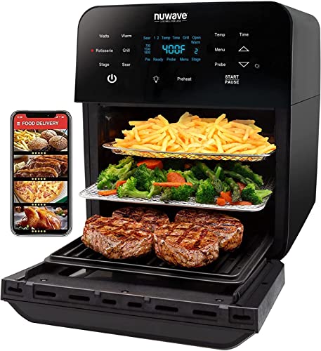 Nuwave Brio Air Fryer Oven, 15.5Qt X Large Family Size, SS Rotisserie Basket &Skewer Kit, Reversible Ultra Non Stick