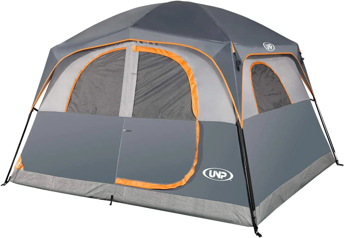 A 6-person waterproof and windproof portable family camping tent, with a double-layer structure, equipped with 1 mesh door