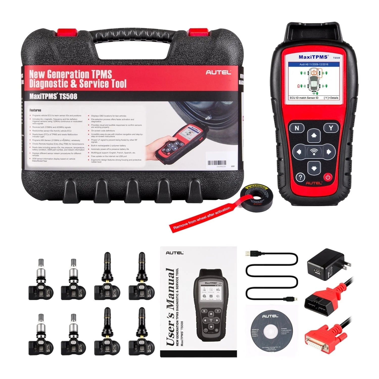Autel MaxiTPMS TS508K TPMS Diagnostic Service Tool, Interchangeable valves with With 4 Pcs 315MHz MX Sensor & 4 Pcs 433MHz MX