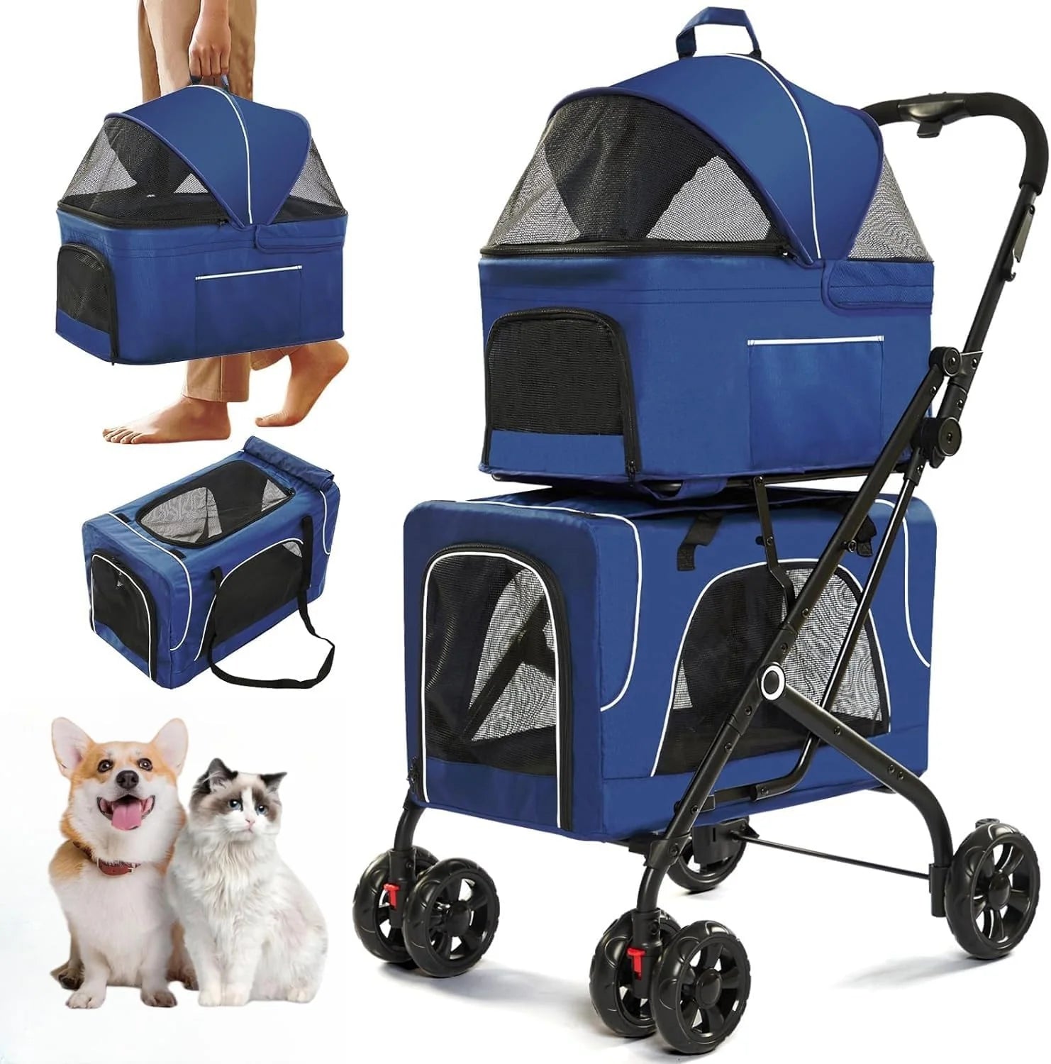 Double Dog Stroller with Detachable Carriers, Foldable Pet Cart for Small & Medium Pets (Blue)
