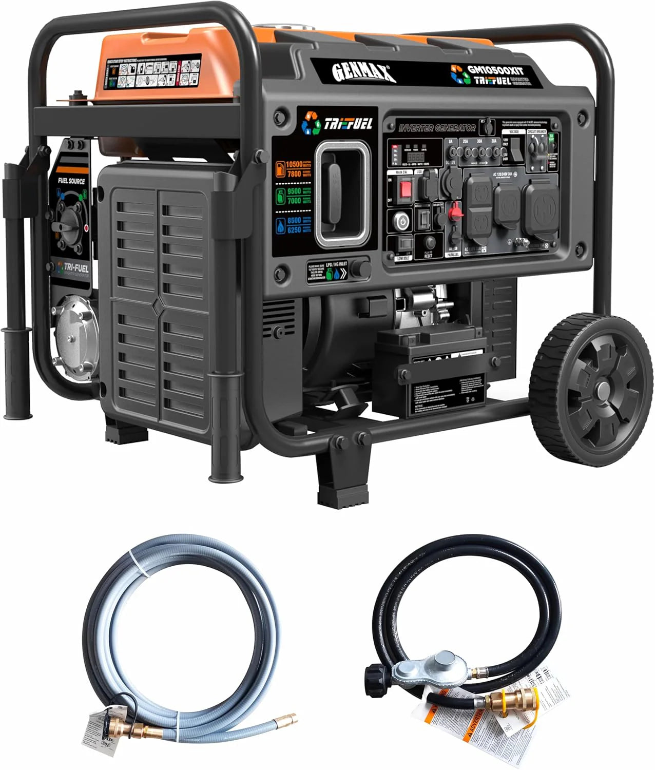 GENMAX 10500 Peak Watt Tri Fuel Open Frame Inverter Generator,with ATS,Quiet Technology,CO Sensor,digital display and