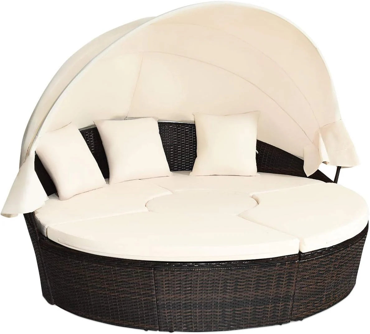 Green Rattan Round Outdoor Daybed with Canopy, Cushions & Adjustable Coffee Table