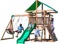 A complete set of wooden mountain-style swings, equipped with a colorful canvas sunshade, a wave slide, a rope swing, a net