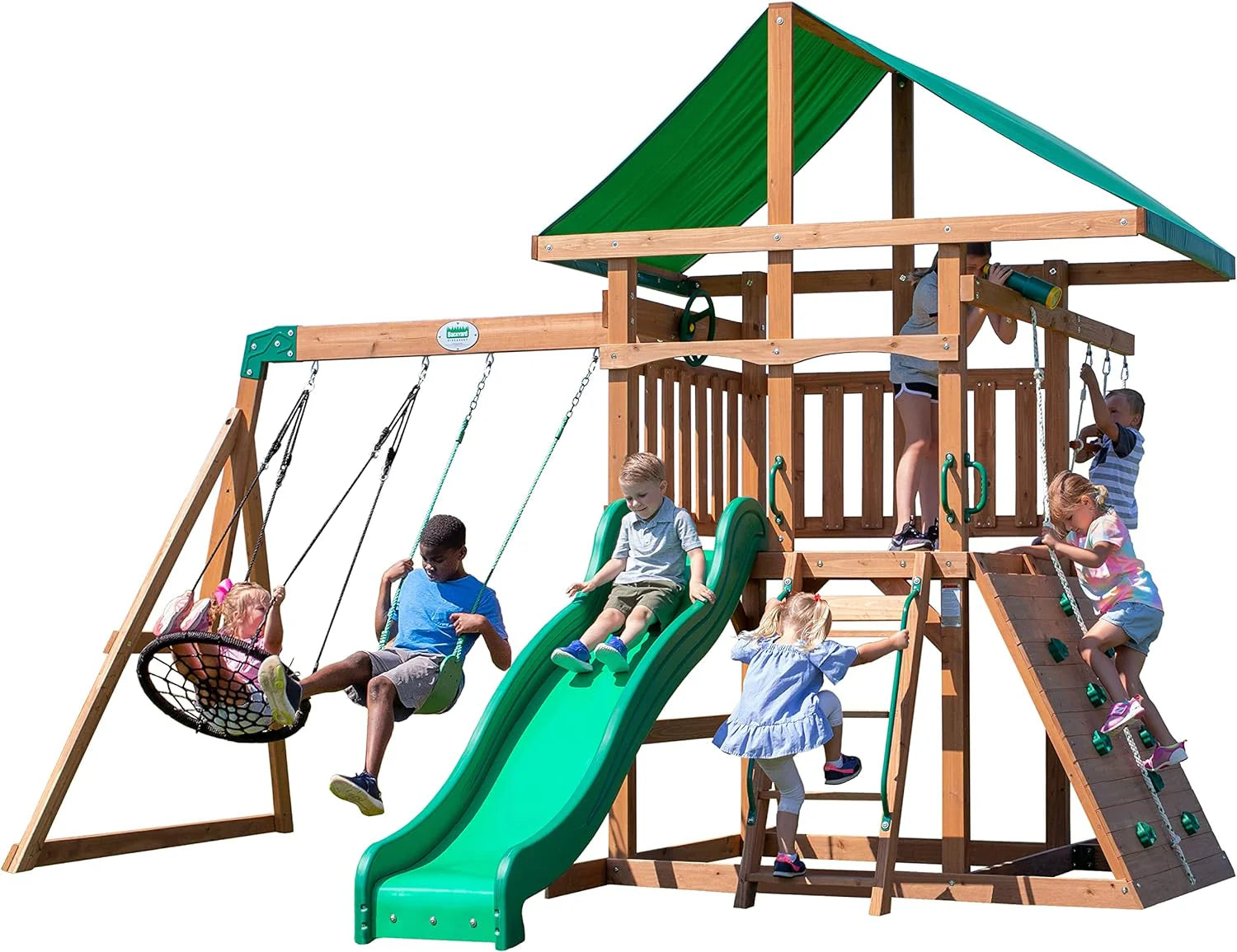 A complete set of wooden mountain-style swings, equipped with a colorful canvas sunshade, a wave slide, a rope swing, a net
