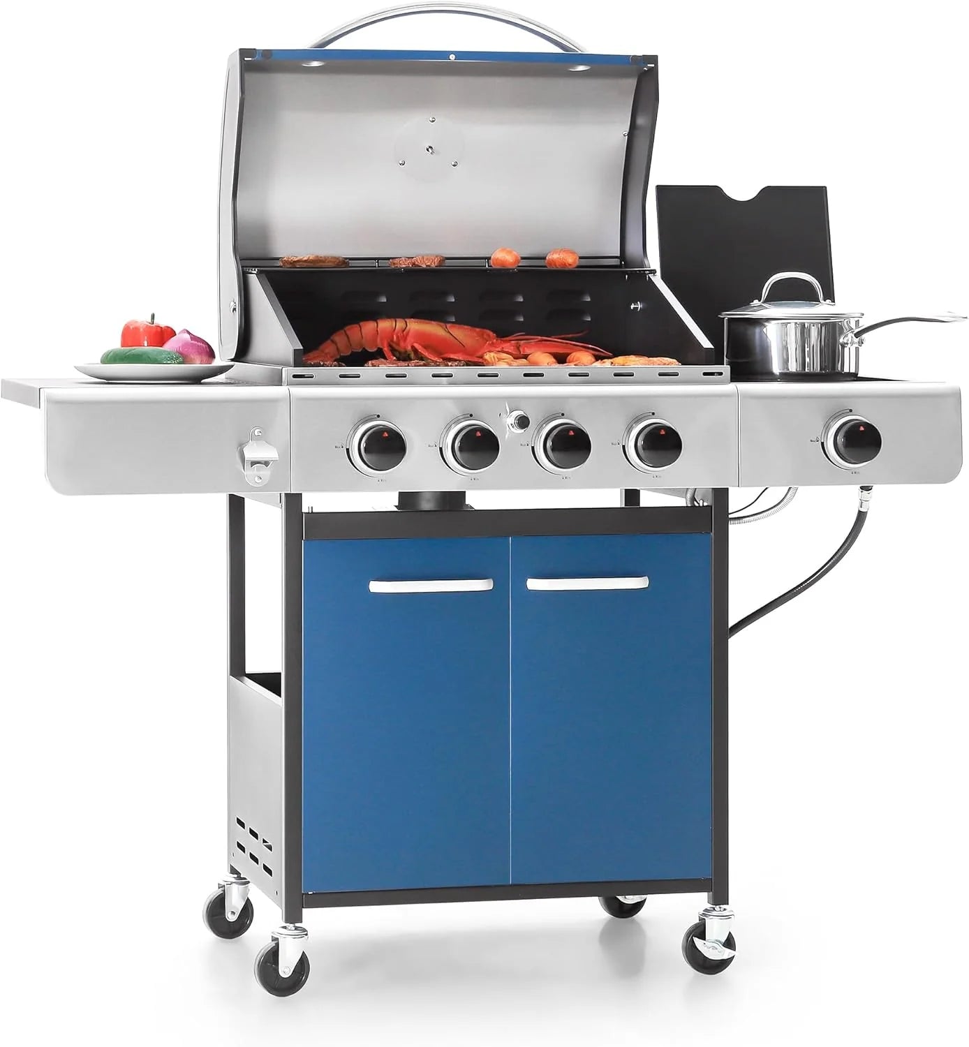 Burner Propane Gas BBQ Grill with Side Burner & Porcelain-Enameled Cast Iron Grates, 42,000 BTU Output Stainless Steel Grill