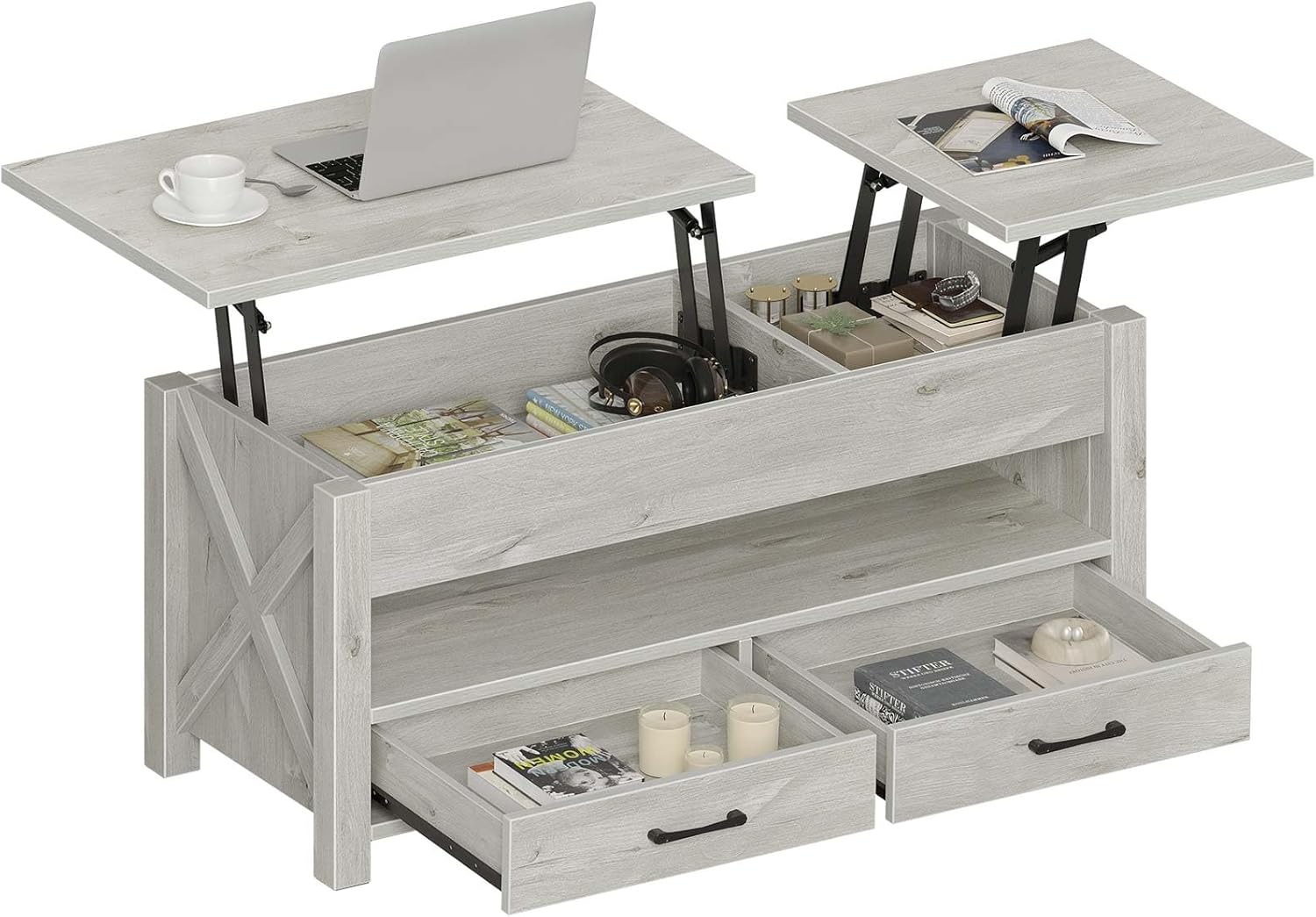 47.2" Gray Rustic Lift-Top Coffee Table with Storage Drawers