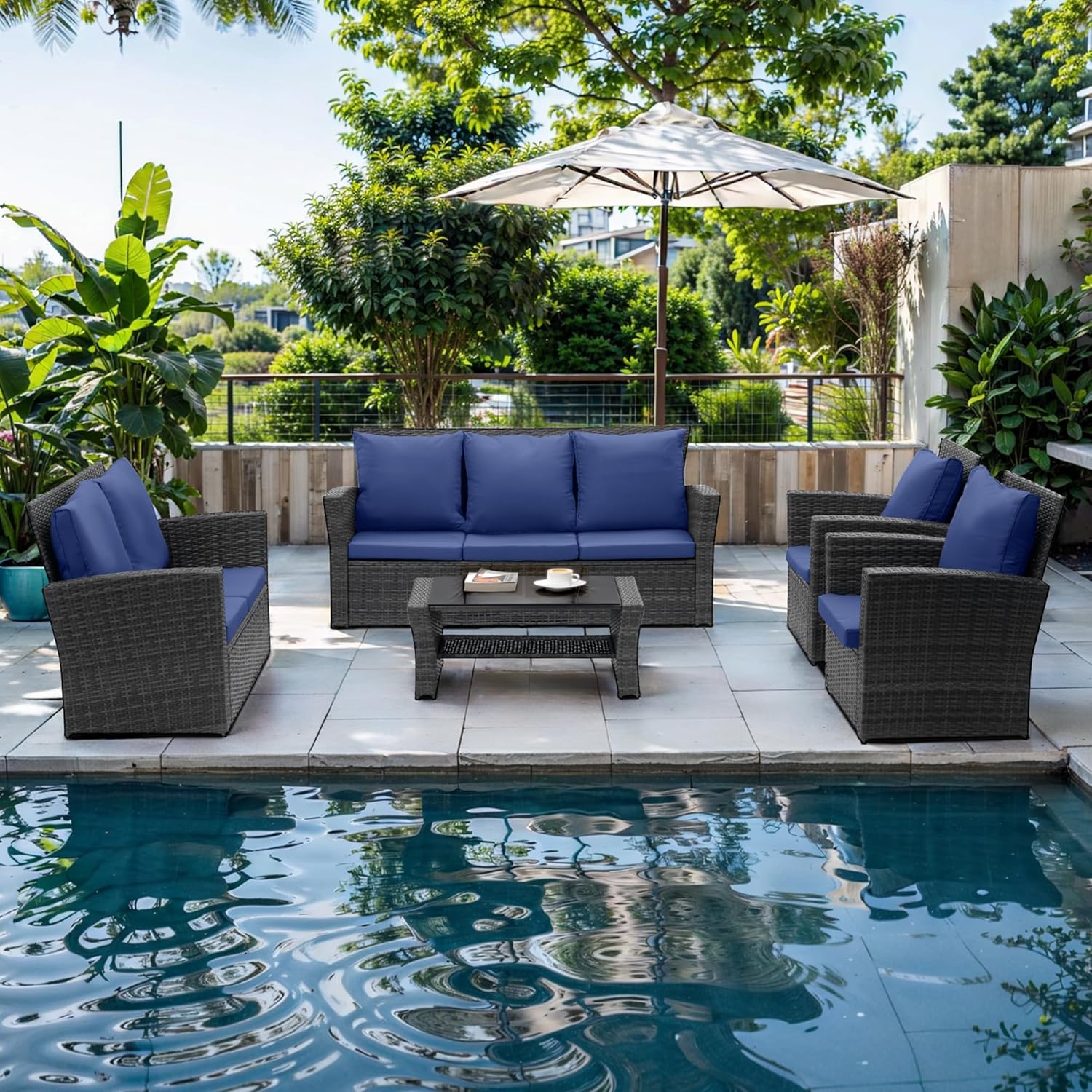 Wisteria Lane 4 Piece Outdoor Patio Furniture Sets, Wicker Conversation Set for Porch Deck, Grey Rattan Sofa Chair with