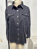 Women's Black Denim Shirt Jacket Casual Button Down Long Sleeve Jean Shacket with Frayed Hem
