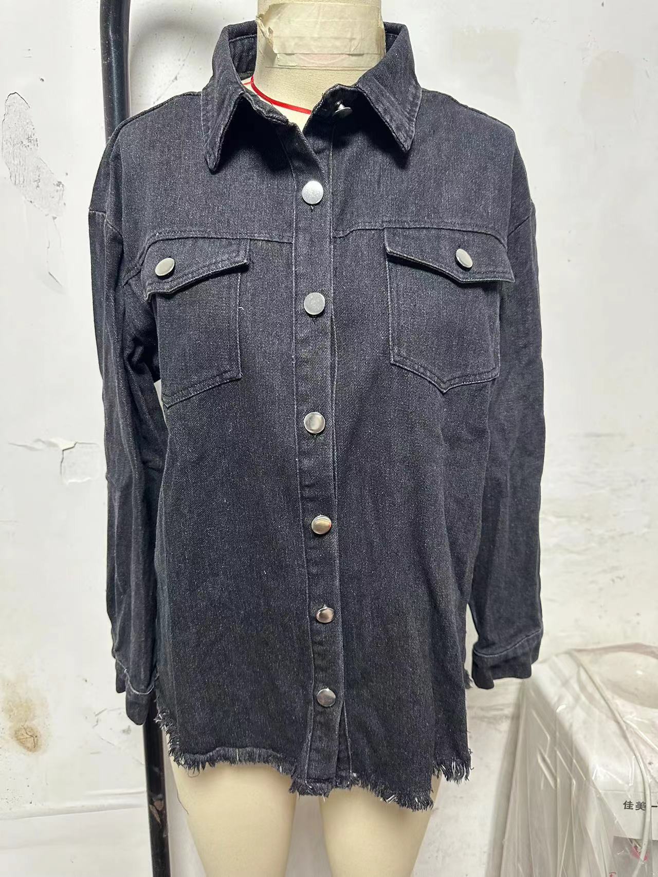 Women's Black Denim Shirt Jacket Casual Button Down Long Sleeve Jean Shacket with Frayed Hem