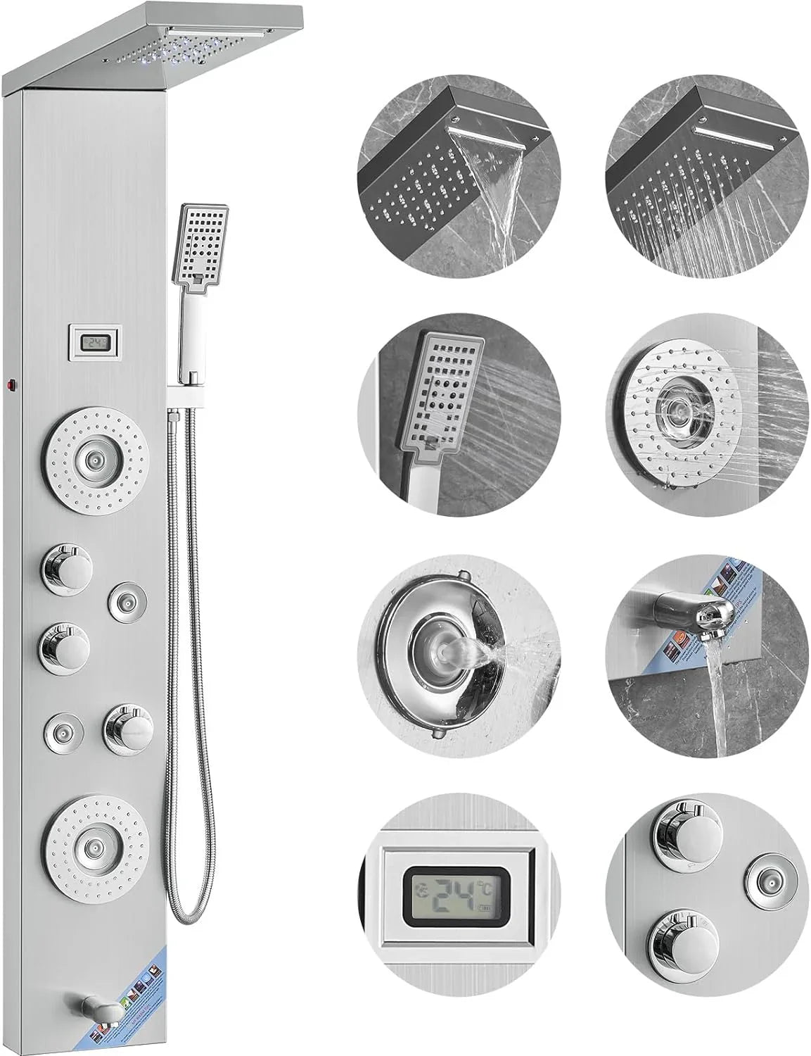 Shower Panel System, 6 Shower Modes, LED & Display Shower Panel Tower, Rainfall, Waterfall, 4 Body Massage Jets, Tub Spout