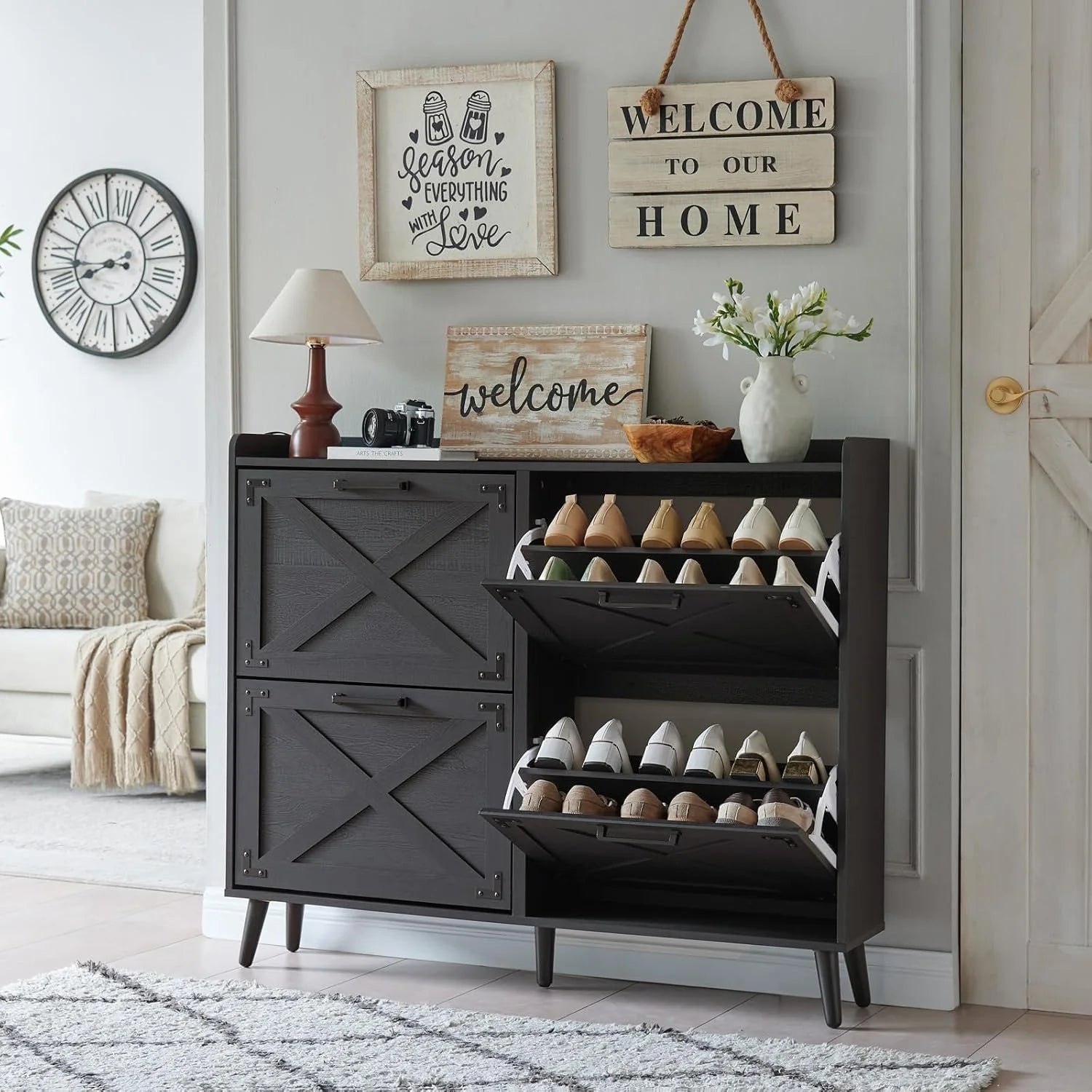 Shoe Storage Cabinet,Farmhouse Shoe Organizer with 4 Flip Drawers & Barn Door Design,Freestanding Hidden Slim Narrow Shoe