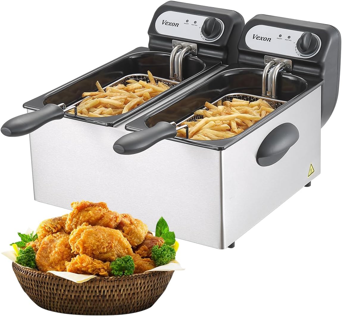 3000W Commercial Electric Deep Fryer With Baskets & Lids,2x3L Stainless Steel Double Deep Fryer,Small Deep Fryer With