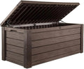 570-liter storage box, all-weather resin boat-shaped storage box, and stylish outdoor bench with piston-assisted lockable lid