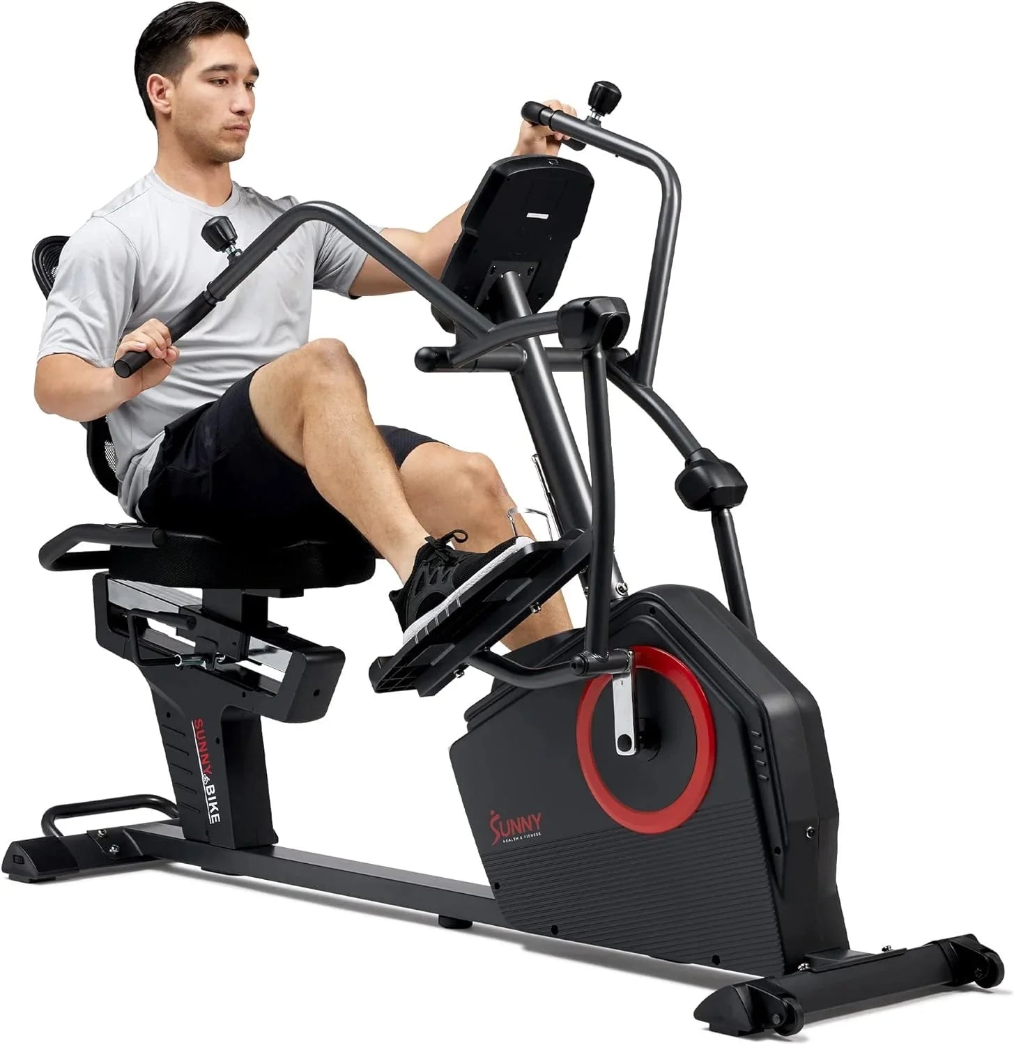 Sunny Health & Fitness Electromagnetic Recumbent Cross Trainer Exercise Elliptical Bike w/Arm Exercisers, Easy Access Seat &