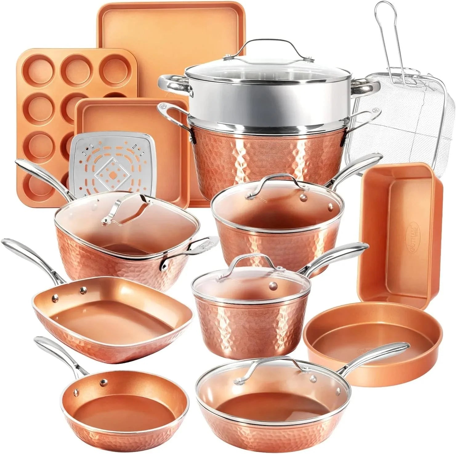 Hammered Copper 20 Pc Ceramic Cookware Set Nonstick, True Ceramic Pots and Pans Set Non Stick with Deep Square Pan Set &