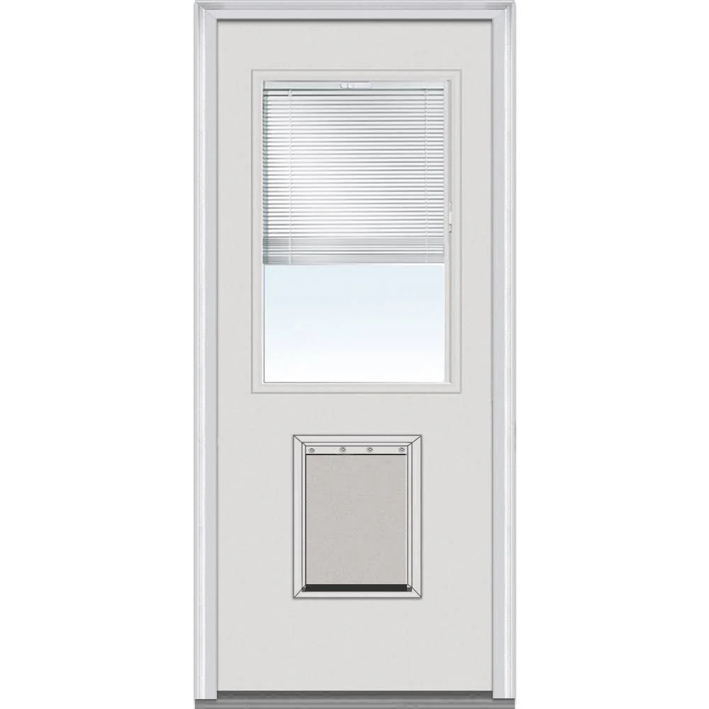 National Door Company Steel Exterior Door, Primed, 1/2 Lite with Clear Glass Internal Blinds & Pet Door, Right Hand Inswing