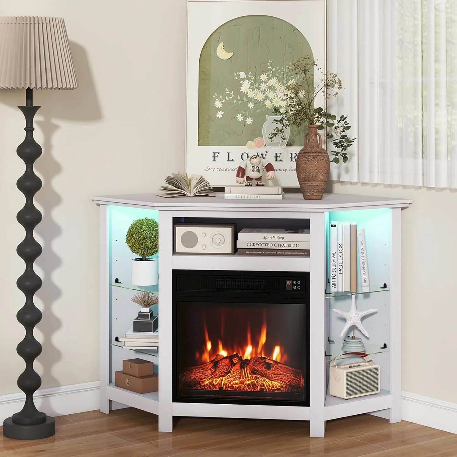 Electric Fireplace TV Console APP Control, LED Lights, Adjustable Shelves (Black, up to 50" TV)