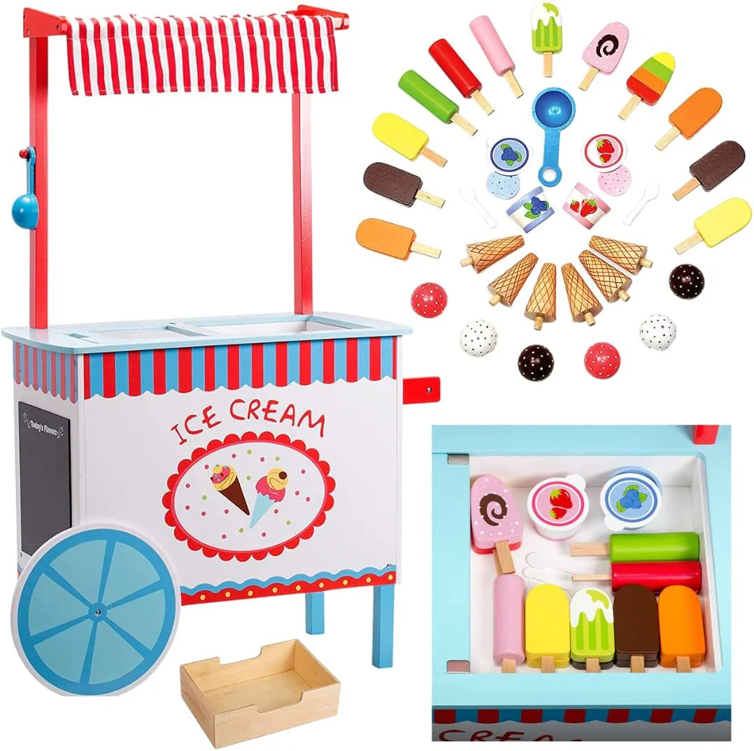 Ice Cream Truck Pretend Play Stand for Kids - High Quality Wooden 33 Piece Realistic Wooden Toy Set