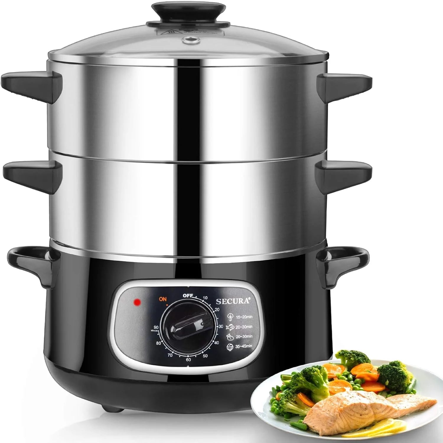 2 stainless steel food steamers, 8.5 liters capacity, electric glass-covered vegetable steamer, double-layer stackable