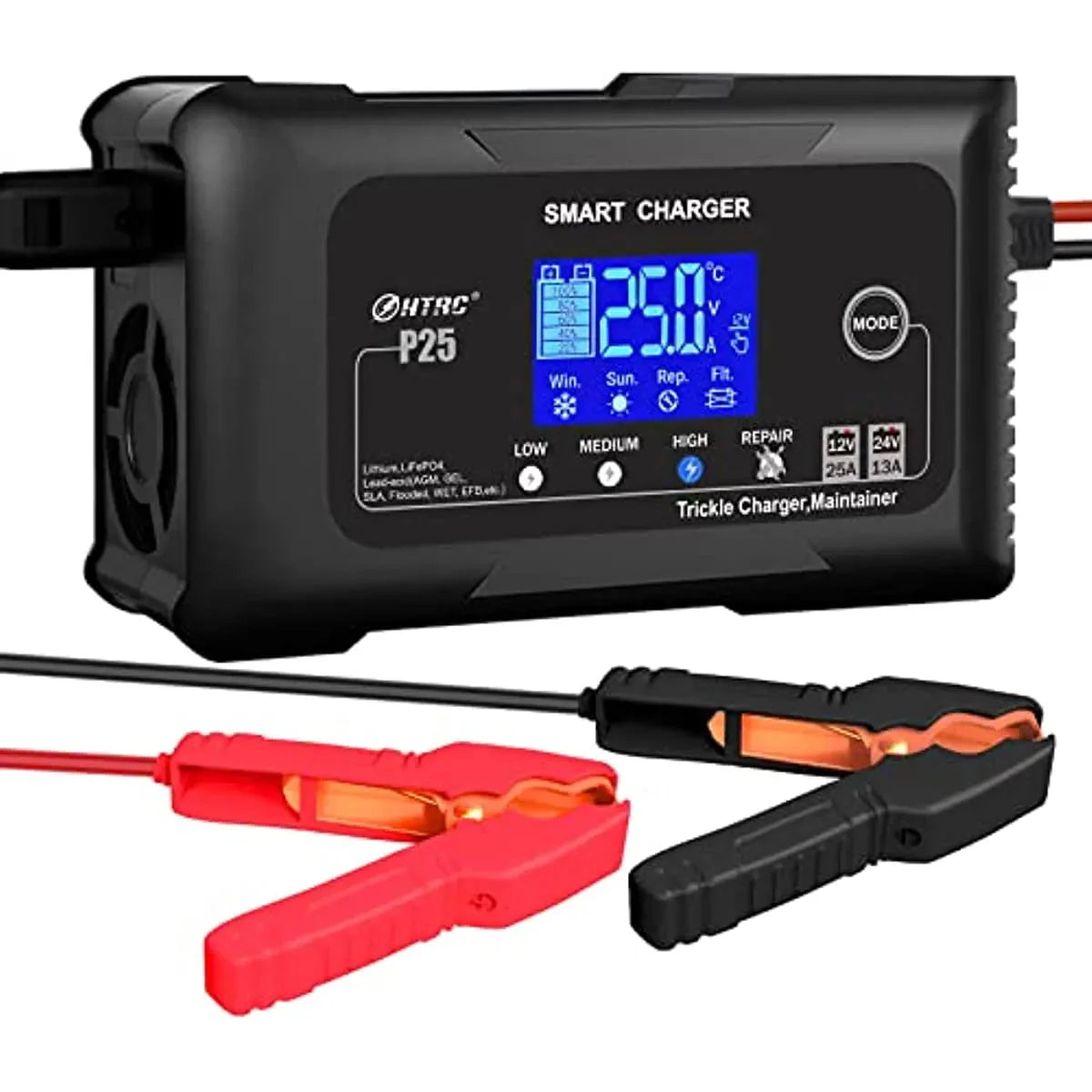 25-Amp Smart Battery Charger,Lithium,LiFePO4,Lead-Acid AGM/Gel/SLA.. Car Battery Charger,Trickle Charger, Maintainer/deep