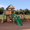 Backyard Discovery Canyon Creek Cedar Wood Swing Set with Wave Slide, Clubhouse, Play Kitchen, Picnic Area, Belt Swings, Web