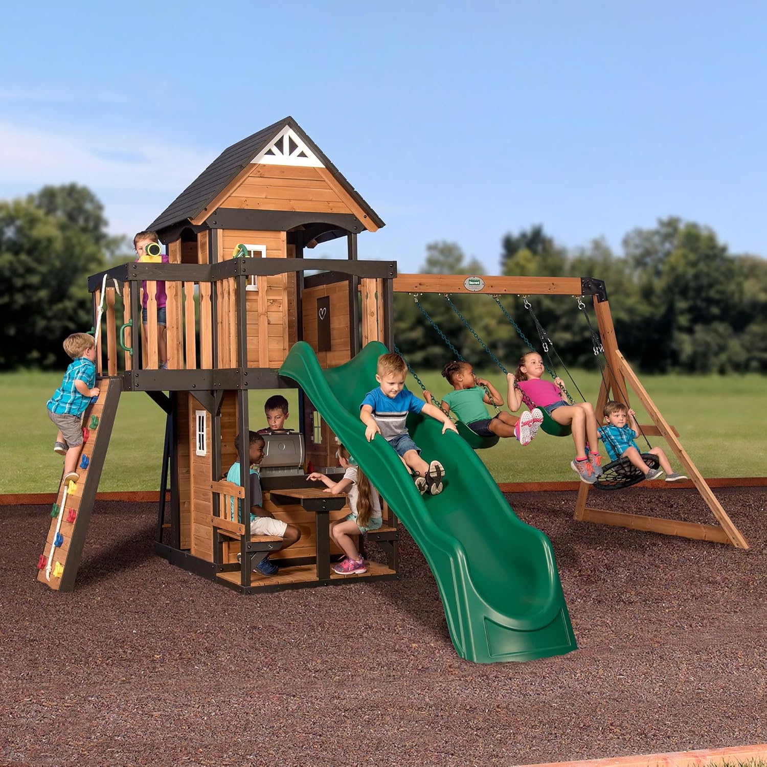 Backyard Discovery Canyon Creek Cedar Wood Swing Set with Wave Slide, Clubhouse, Play Kitchen, Picnic Area, Belt Swings, Web