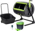 Two 65-gallon two-stage composting drums, equipped with large double doors and an open frame, are also provided along with a