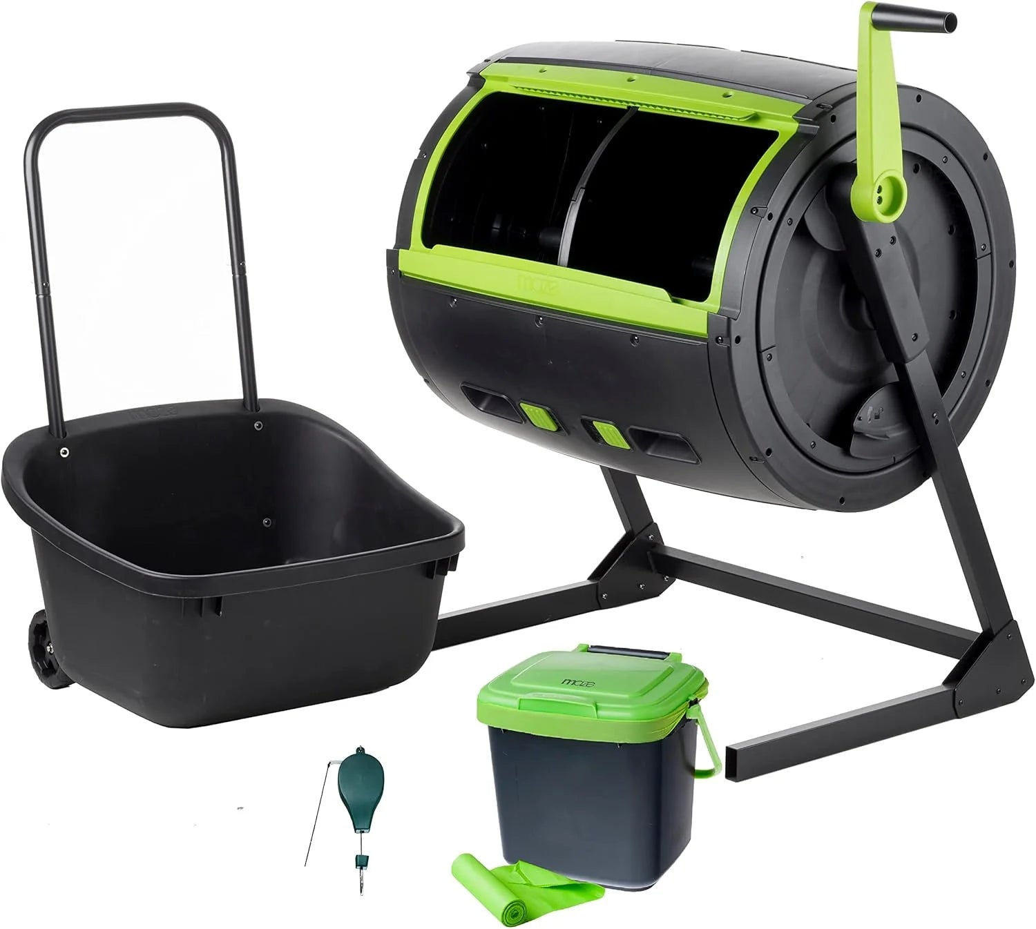 Two 65-gallon two-stage composting drums, equipped with large double doors and an open frame, are also provided along with a