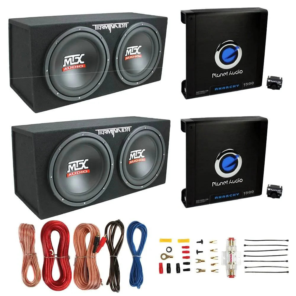 MTX TNE212D 12" Subwoofer (2 Pack) Monoblock Amplifier (2 Pack) Amp Wire Kit
