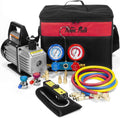 Premium 4CFM Air Vacuum Pump HVAC A/C Refrigeration Kit AC Manifold Gauge Case Set R134a Tap w/Leak Detector and Carrying