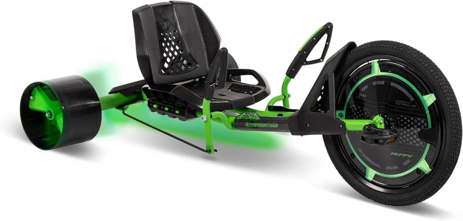 20" Drift Tricycle for Kids 8 , Adjustable Seat, LED Lights & Foot Brake, Green/Black