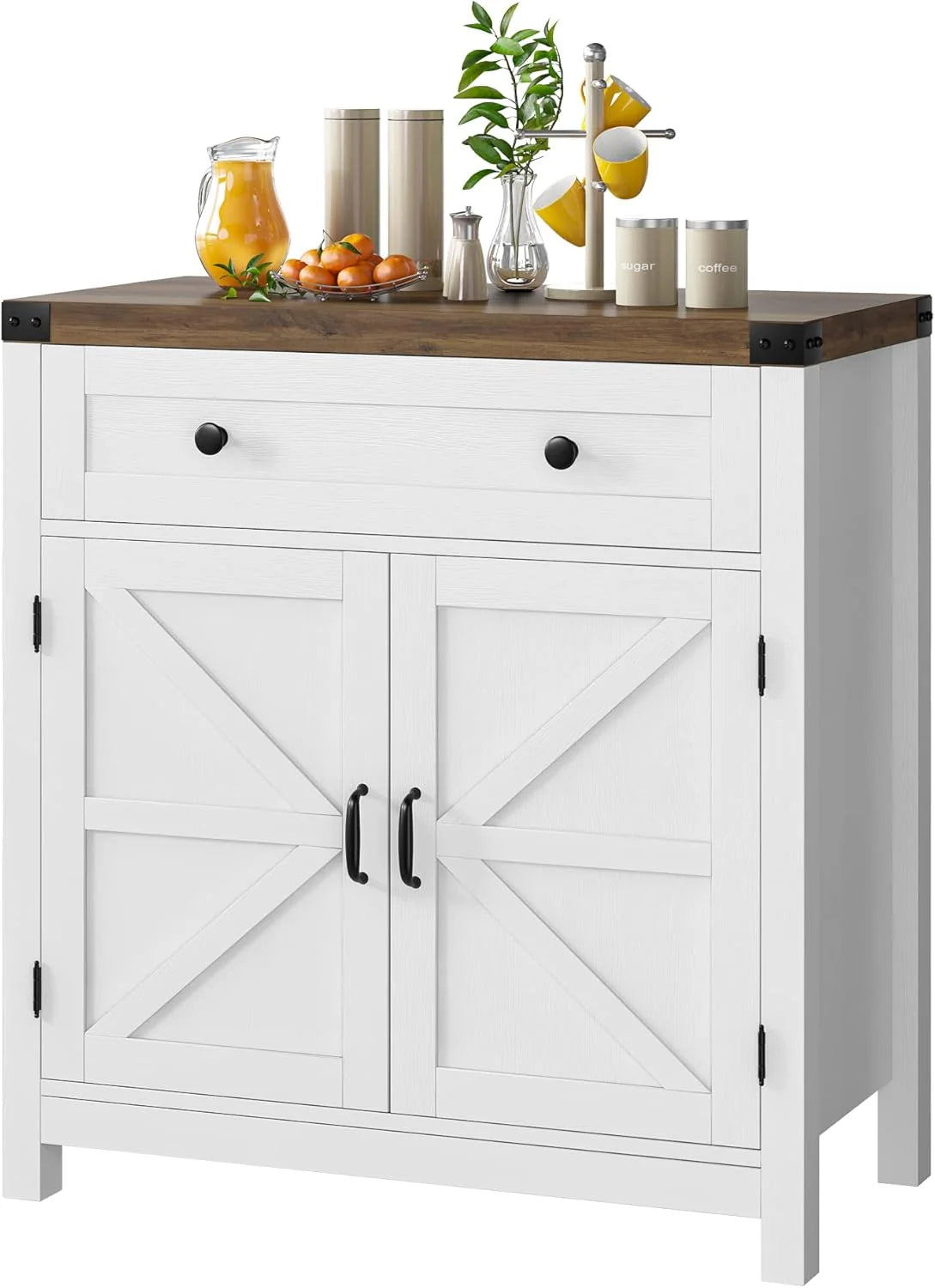 Coffee Bar Cabinet, Kitchen Storage Cabinet, Modern Farmhouse Buffet Sideboard with Drawer and Adjustable Shelf, Barn Door