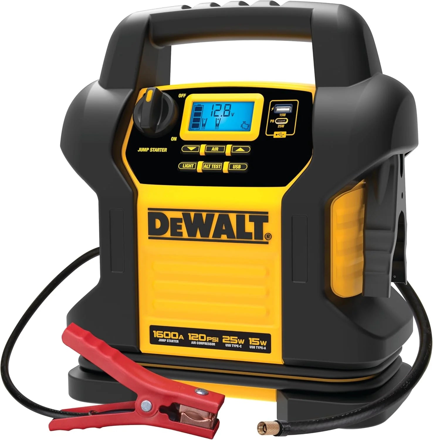 DXAEJ14 Portable Jump Starter 1600 Peak Amps 120 PSI Compressor 15W USB-A 25W USB-C