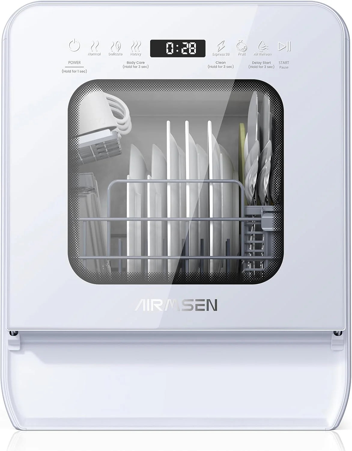 Portable Countertop Dishwasher, 5L Tank, 3 Spray Arms, 12H Delay, No Hookup Needed, White