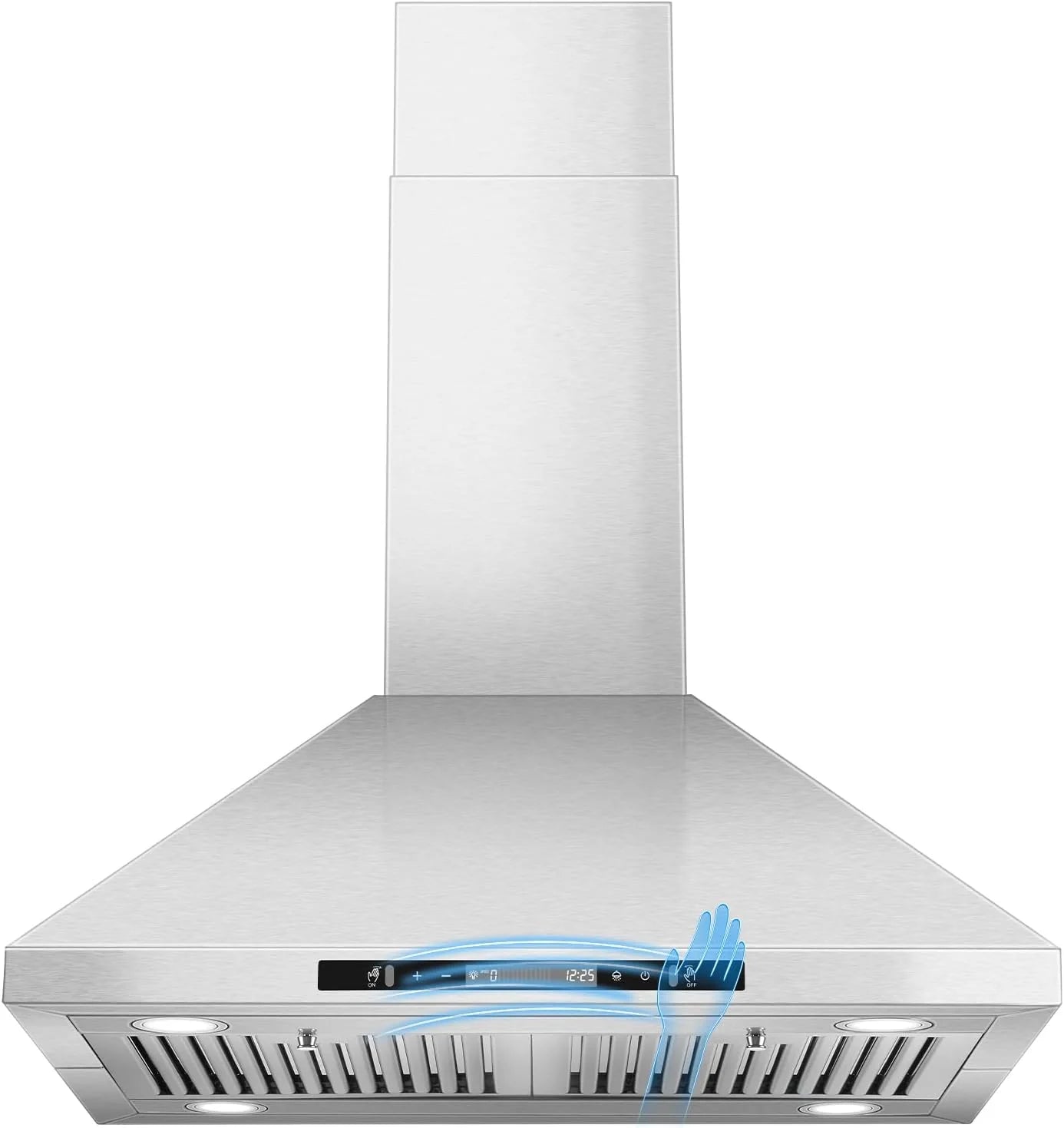 Wall Mount Kitchen Range Hood, Convertible Ducted/Ductless, Stainless Steel, Baffle Filter, Touch Control, Timer, LED, 3 Fan