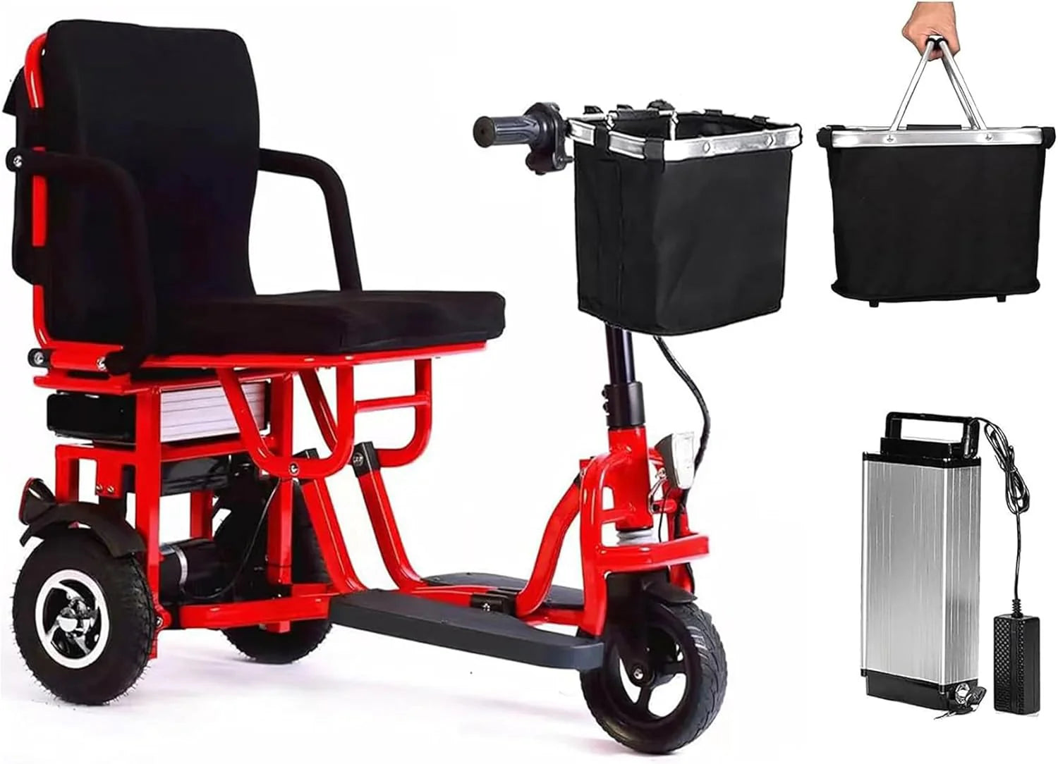 3-Wheel Folding Electric Mobility Scooter Lightweight, Detachable Basket, LED Lights, Black
