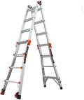 17FT Aluminum Multi-Position Folding Ladder, 300LB Capacity, 18FT Extension, Ratchet Leveler, Wheels