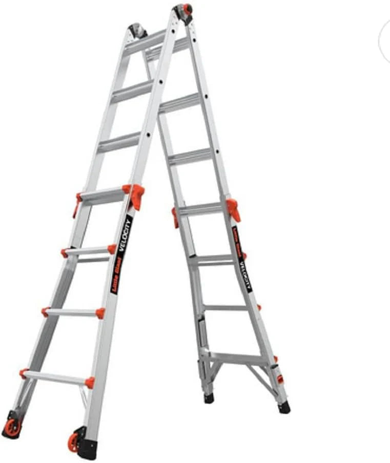 17FT Aluminum Multi-Position Folding Ladder, 300LB Capacity, 18FT Extension, Ratchet Leveler, Wheels