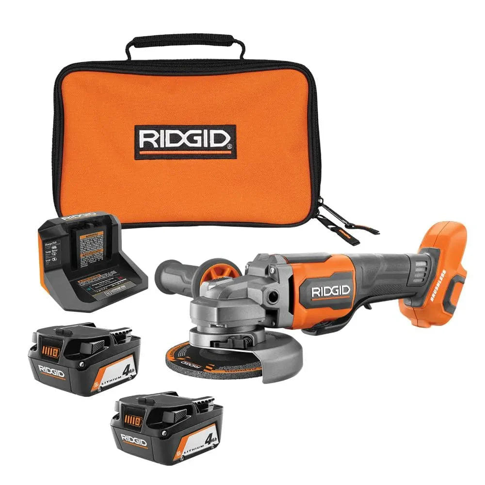 RIDGID 18V Brushless Cordless 4-1/2 in. Paddle Switch Angle Grinder with (2) 4.0 Ah Batteries, Charger, and Bag