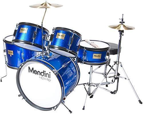 Mendini By Cecilio Drum Set For Kids/Junior - 16 Inch, 5 Piece, Blue Metallic - Starter Drums Kit w/Adjustable Throne