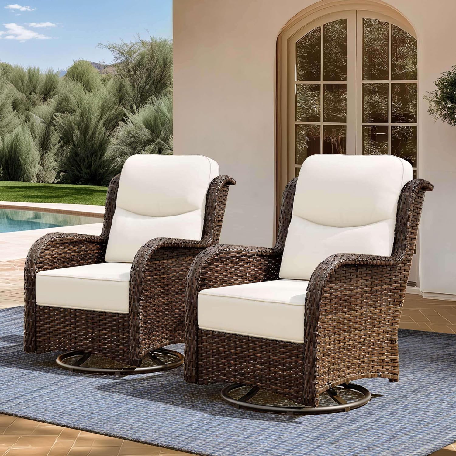 Outdoor Swivel Rocker Patio Chairs with 6-Inch Thick Cushions and Side Table, 3PCS High Back Wicker Patio Furniture Set for