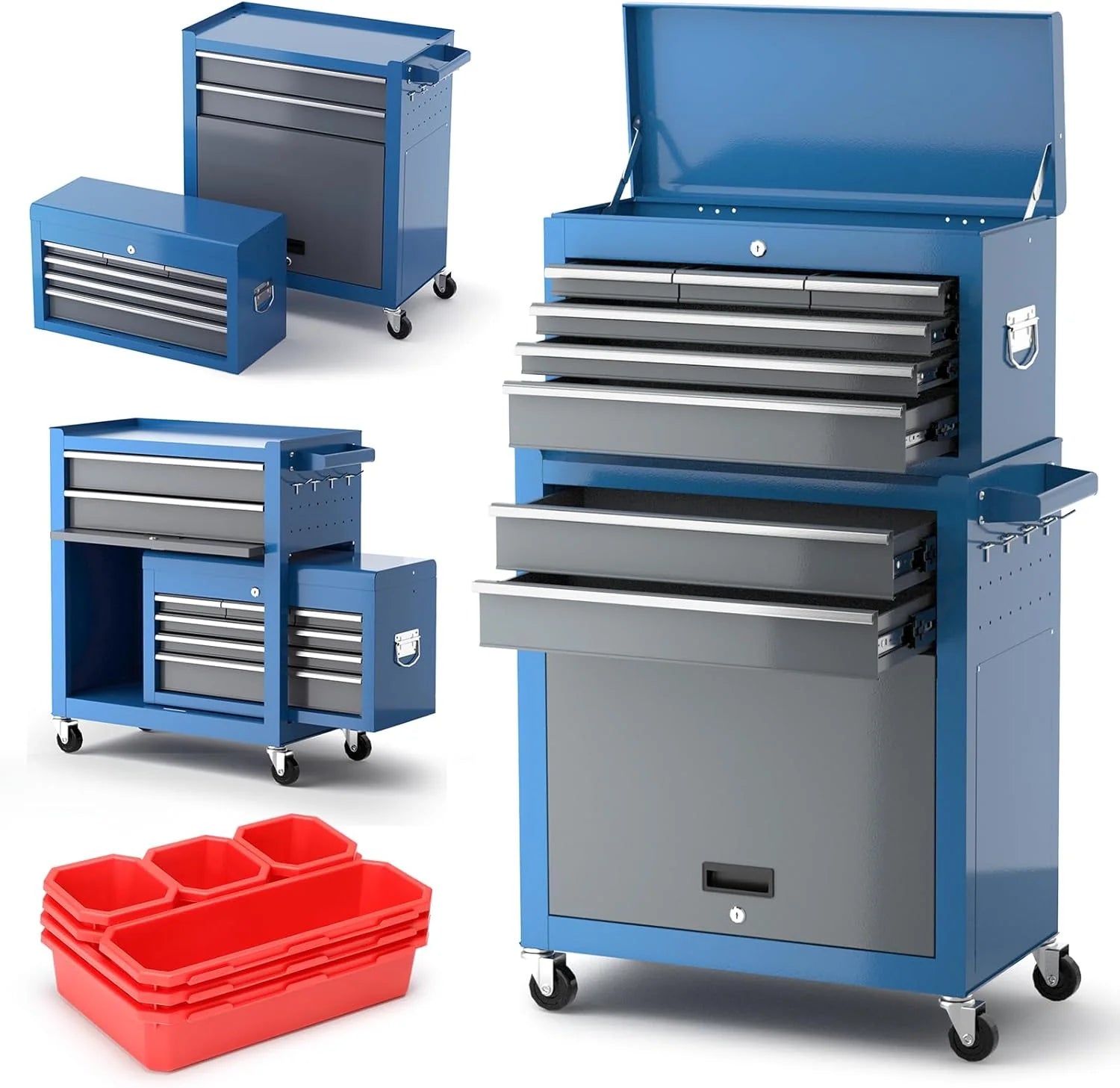Tool Chest 8-Drawer | 42'' Large Rolling Tool Chest with Wheels | Detachable Top Metal Tool Box | Garage Storage Cabinet for