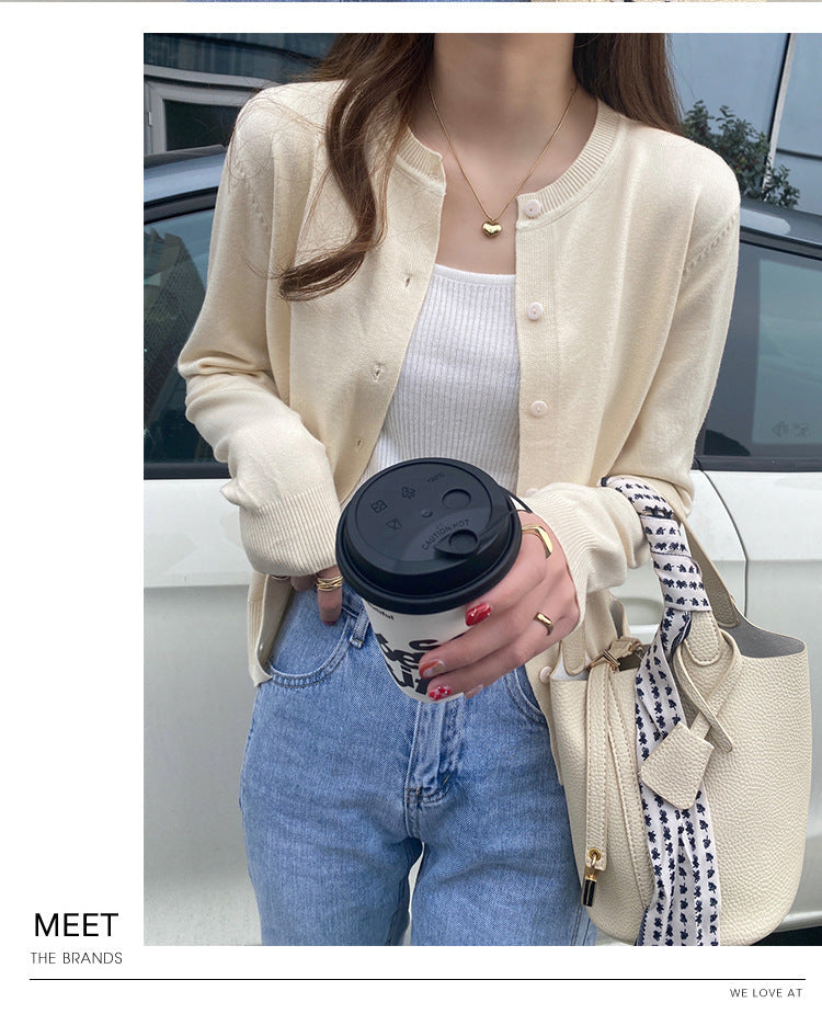 Women's Cream Button Down Knit Cardigan Long Sleeve V-Neck Casual Sweater