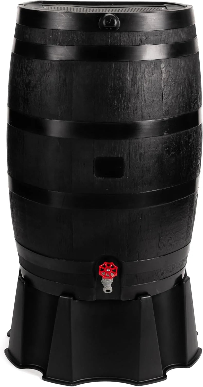 RTS Home Accents 50-Gallon ECO Rain Barrel Made with 100% Recycled Plastic, Flat Back Rain Water Collection Barrel, Black