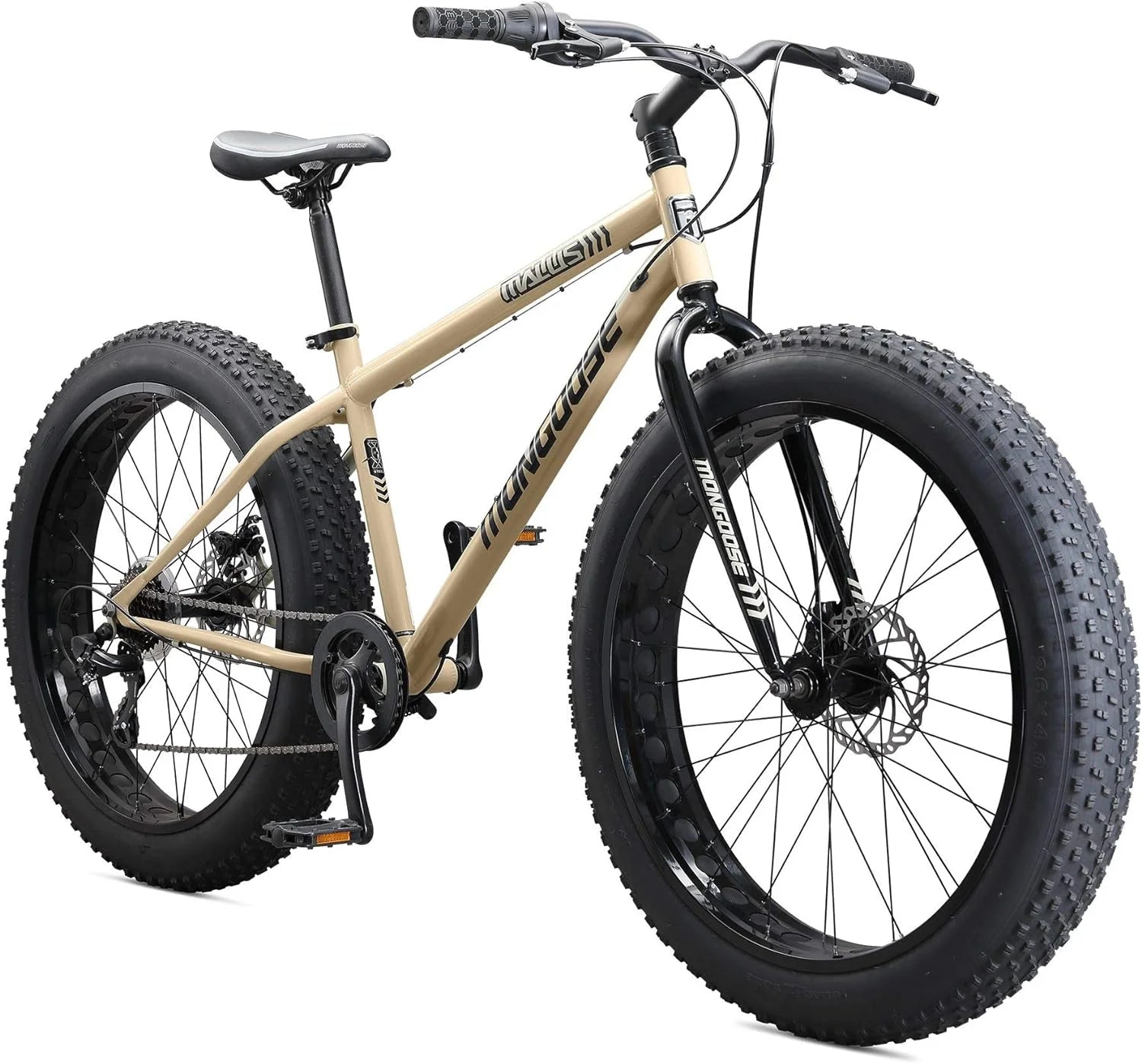 Mongoose Malus Mens and Women Fat Tire Mountain Bike, 26-Inch Bicycle Wheels, 4-Inch Wide Knobby Tires, Steel Frame, 7 Speed