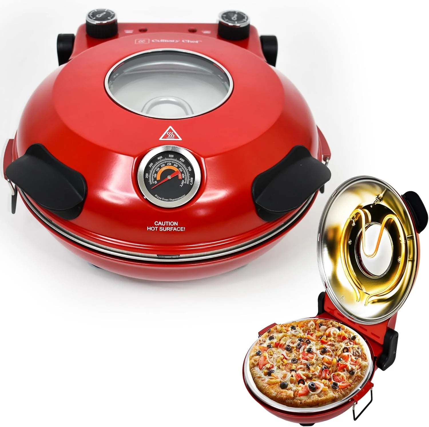 Electric Pizza Oven with Ceramic Stone, Viewing Window, Adjustable Heat Control, Timer and 1200W Baking Power, DIY Homemade