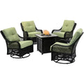 5-Piece Steel Patio Fire Pit Conversation Set with Navy Blue Cushions, Swivel Gliders and Square Fire Pit Table